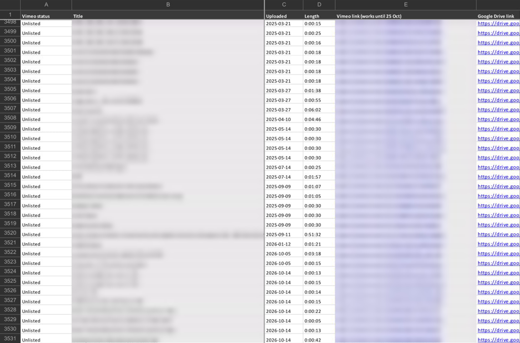 The record of our own film library moved off Vimeo: every film, its upload date, its length and its new Google Drive link, titles blurred