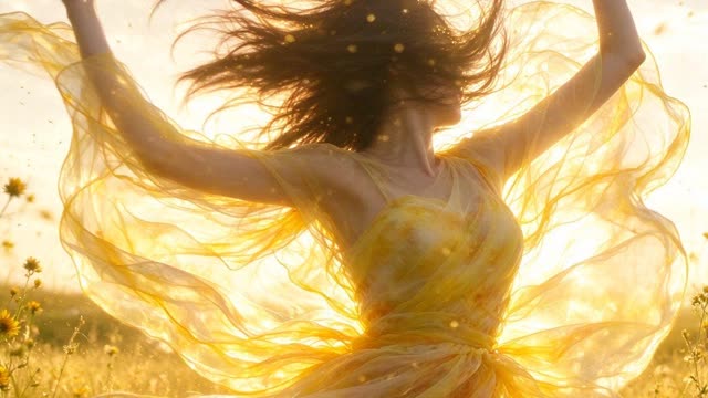 A dancer in a flowing yellow dress in a golden meadow, from a film made in Motiohead Studio