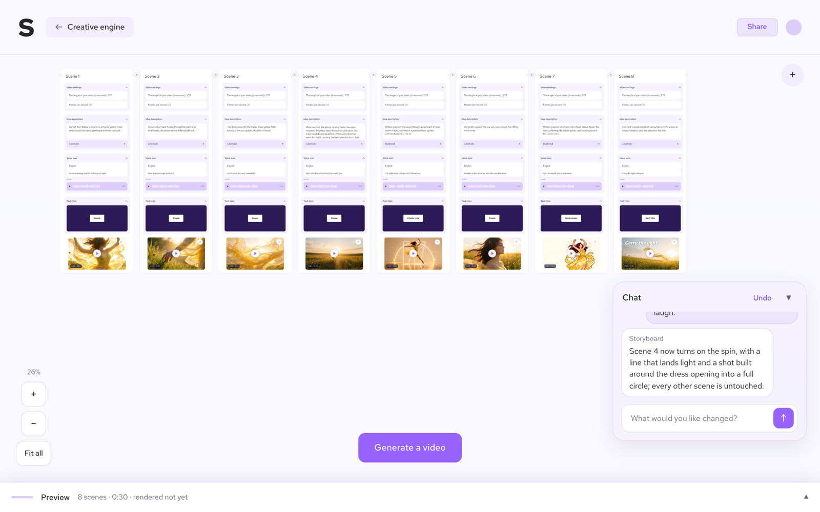 An editable eight-scene storyboard with a chat, for a film of a dancer in a golden meadow, in Motiohead's storyboard editor