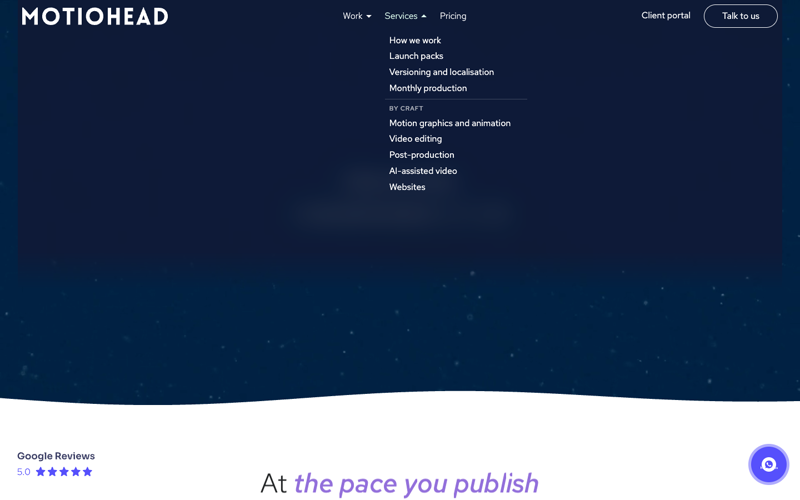 The home page of motiohead.com with the Services menu open