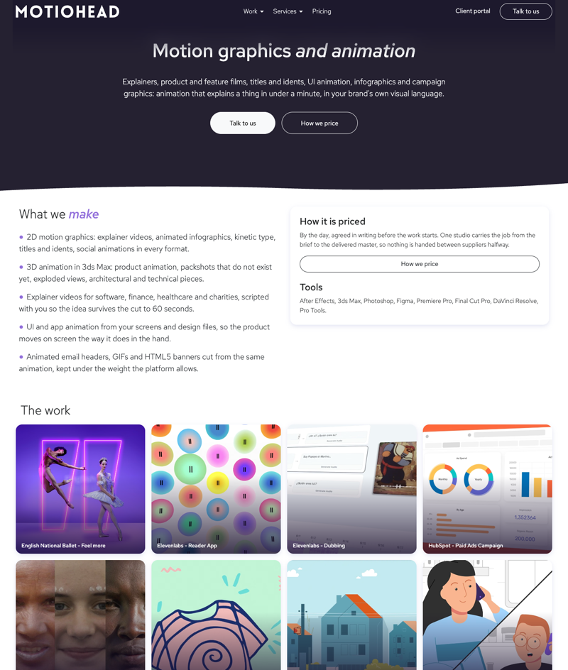 The motion graphics page of motiohead.com, full length